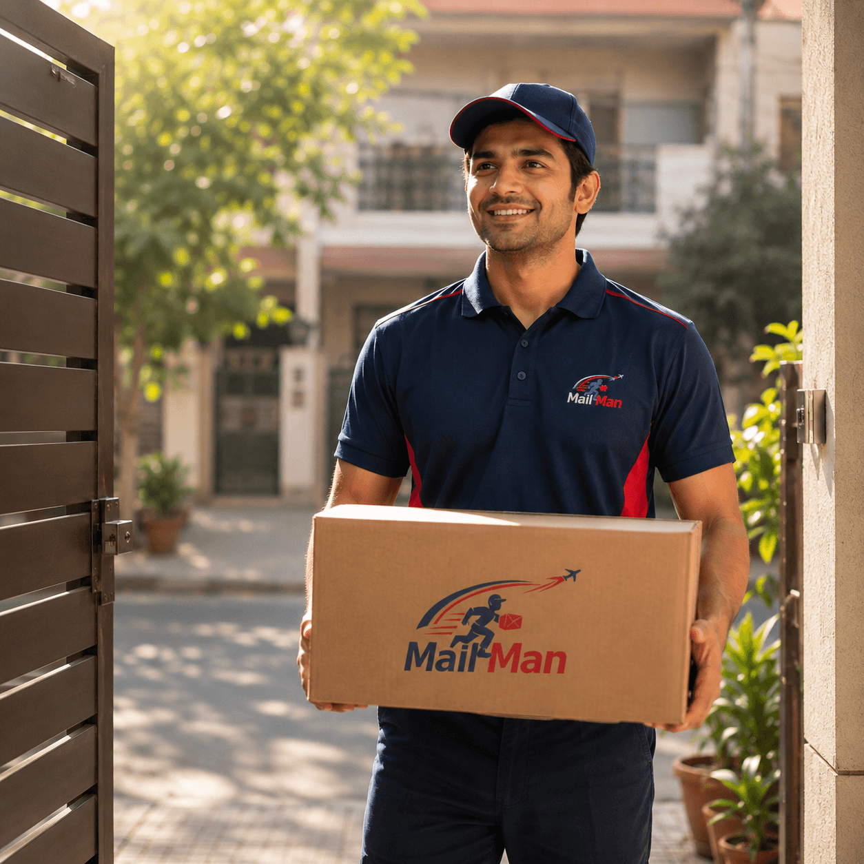 MailMan courier holding a parcel, ready for pickup