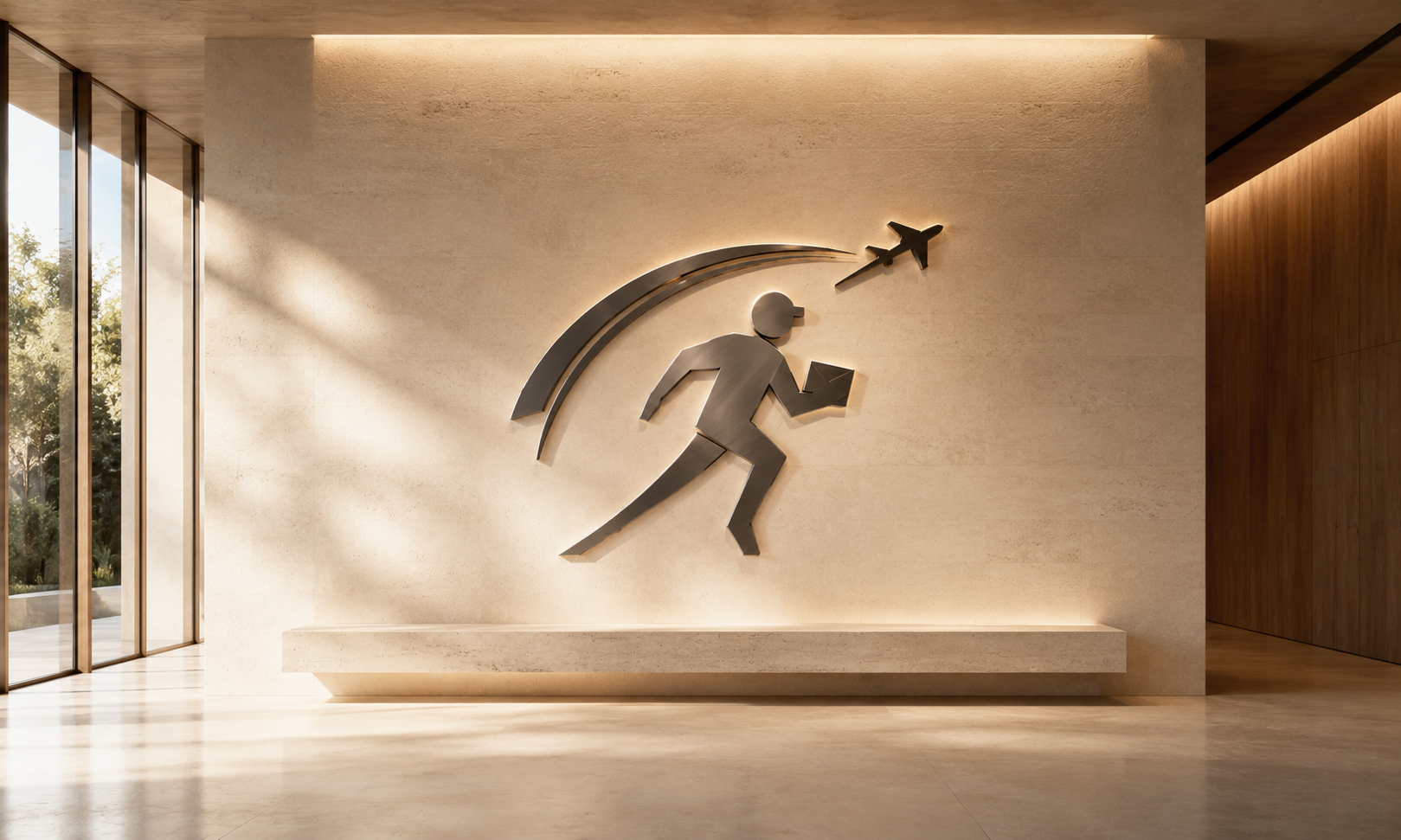 The MailMan Express Courier lobby, a metal courier emblem on a sunlit travertine wall