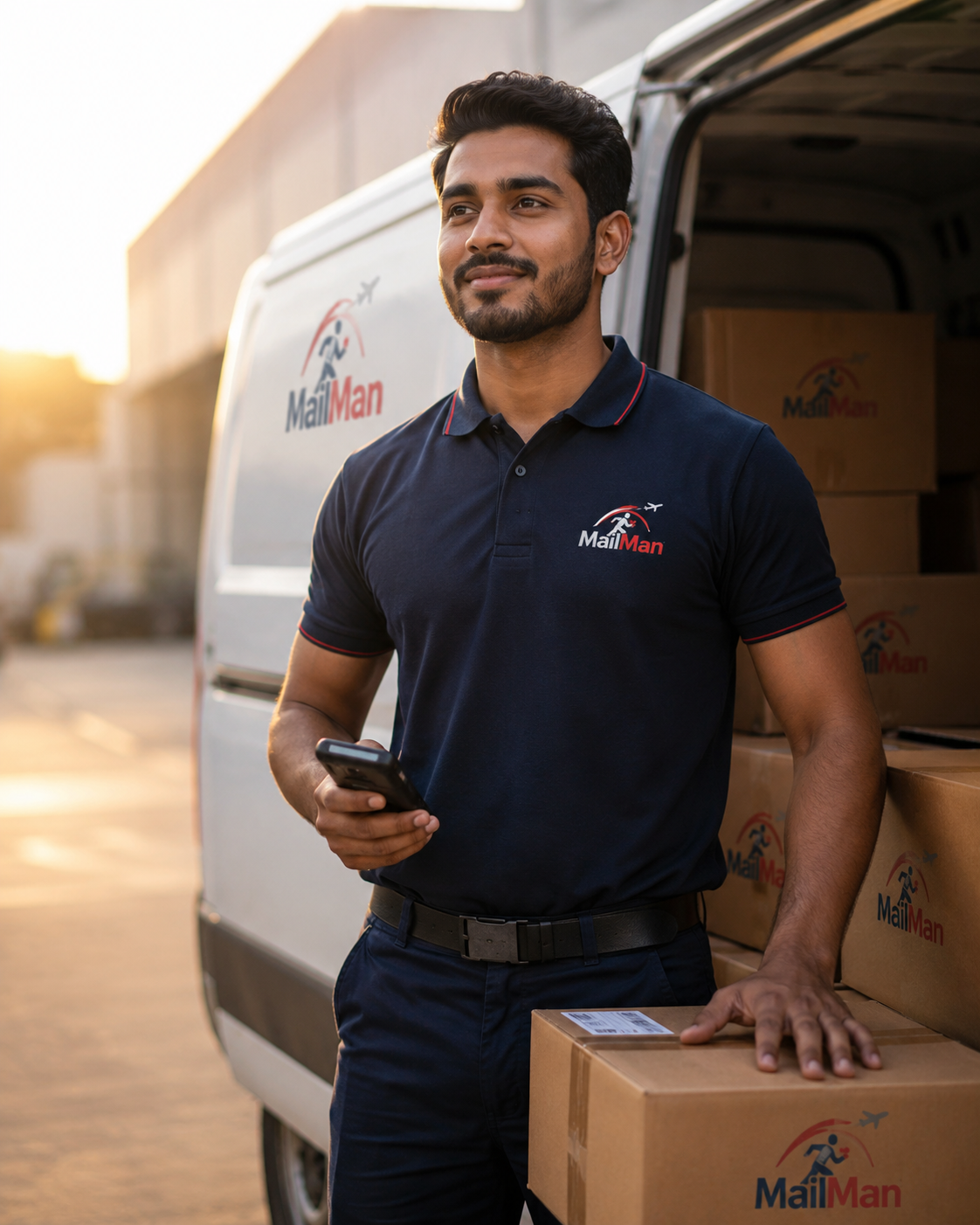 A MailMan delivery associate beside a branded van