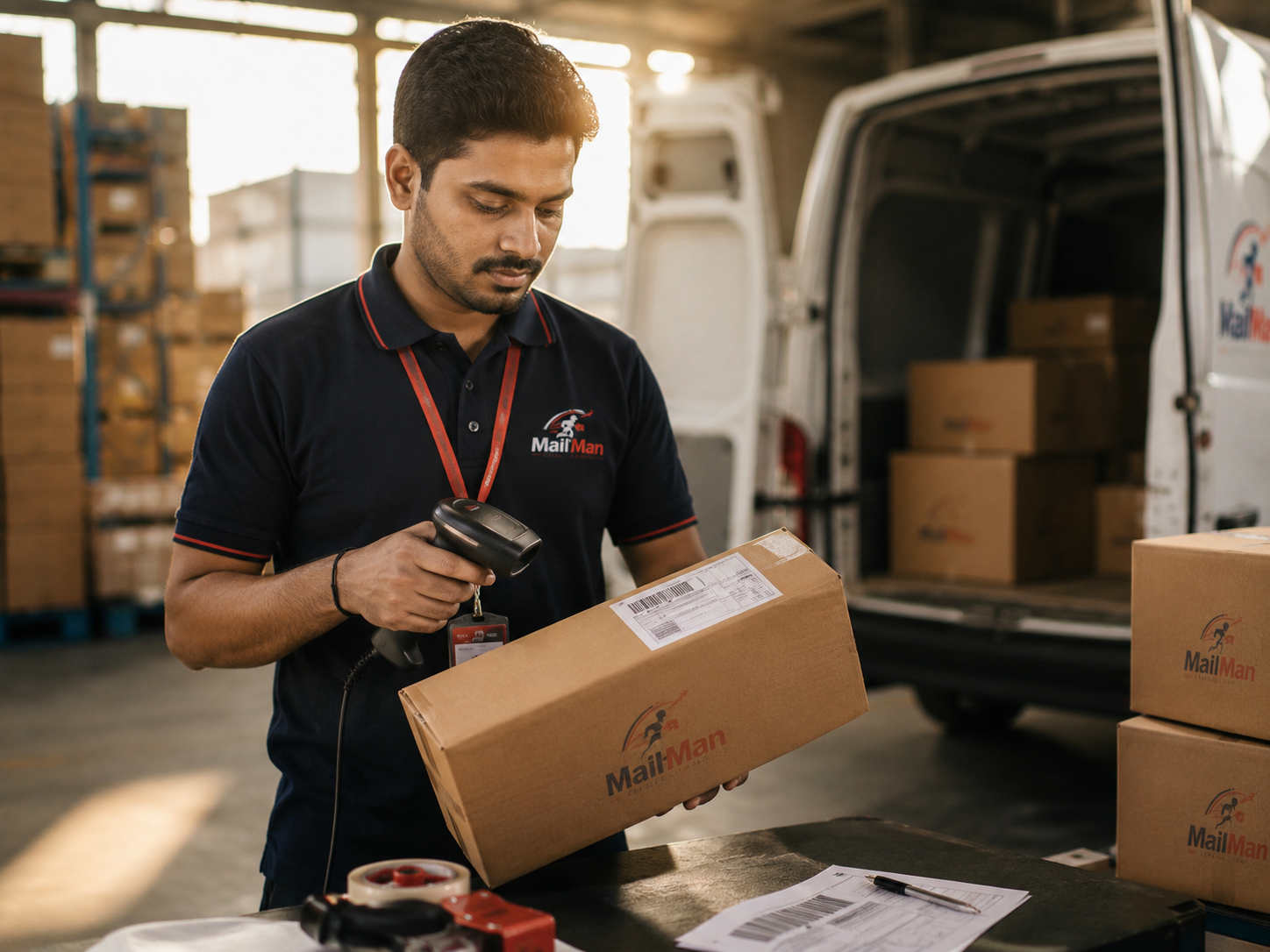 A MailMan associate scanning a branded parcel by the van